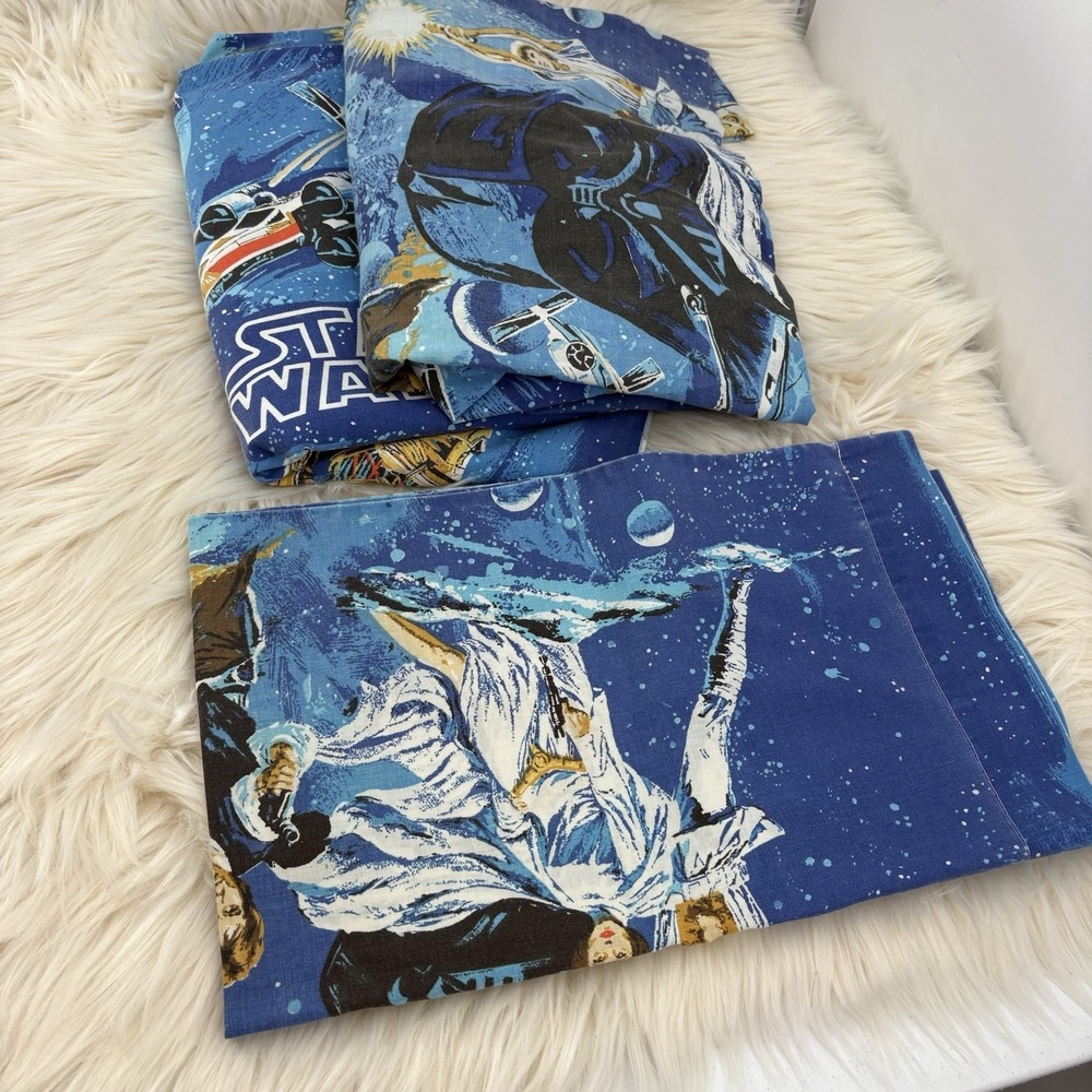 Vtg 1977 Star Wars A New Hope Twin Sheet SET Blue BIBB USA Fitted, Flat, Pillow